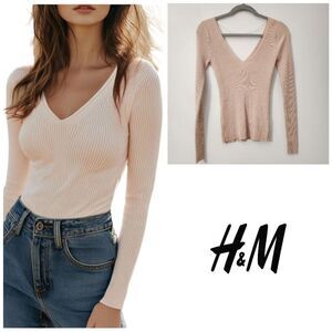 Y2K Ribbed Soft Knit Sweater – H&M Minimalist Dusty Pink V-Neck Cozy, Size Small